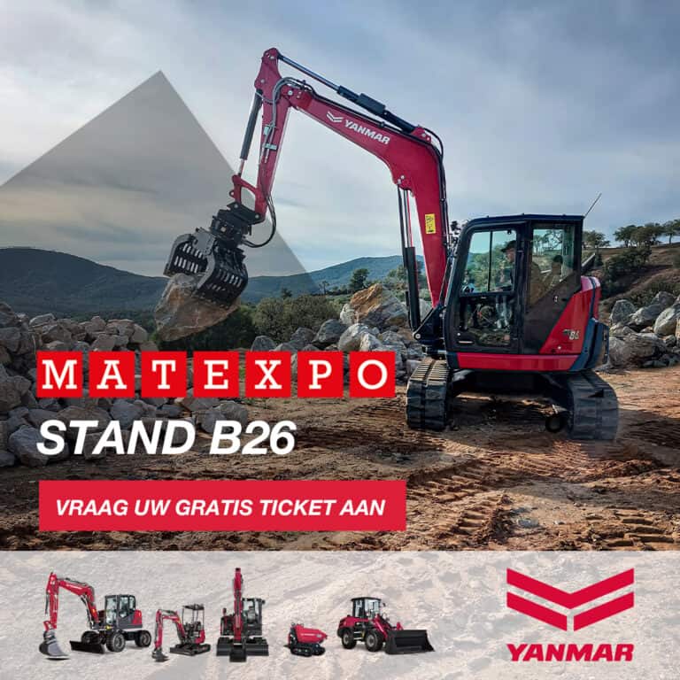 1. Yanmar graafmachine op bouwplaats met bergen en heuvels in achtergrond.