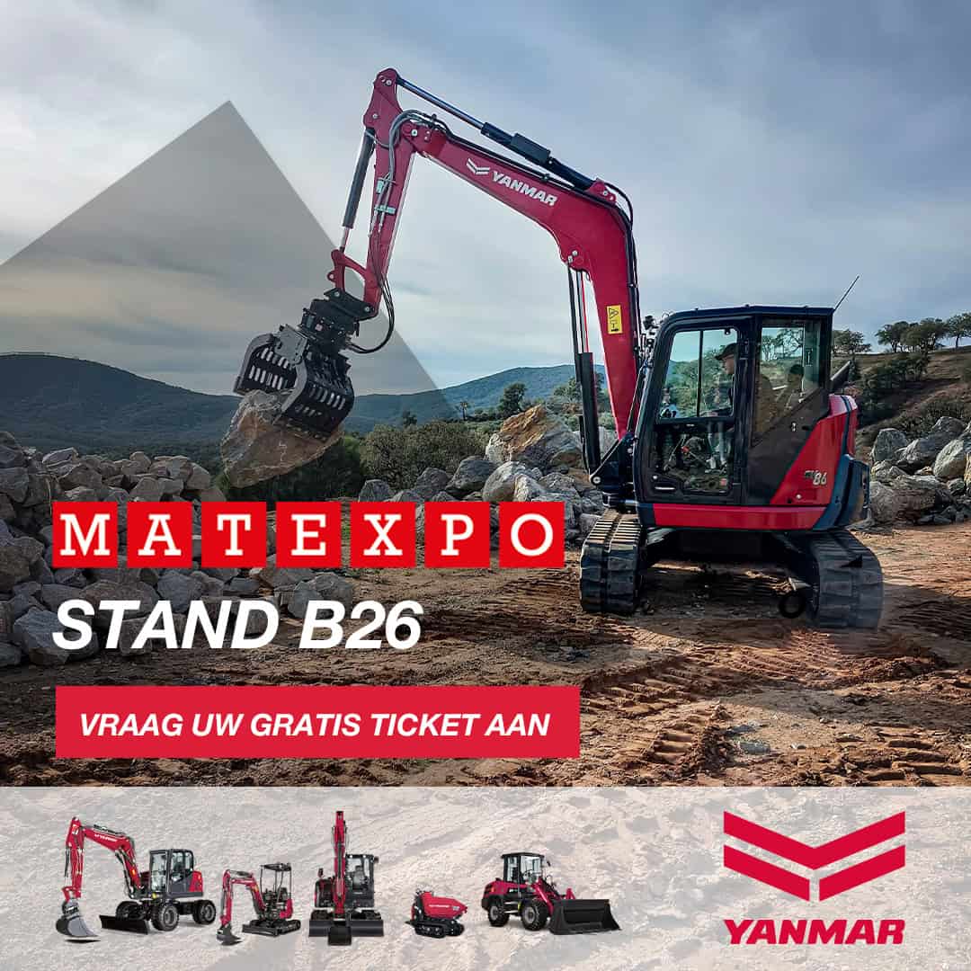 1. Yanmar graafmachine op bouwplaats met bergen en heuvels in achtergrond.