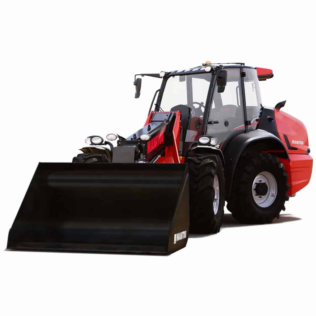 Robuuste Manitou wiellader met frontlader en bakwagen voor landbouw en landbouwmachines.