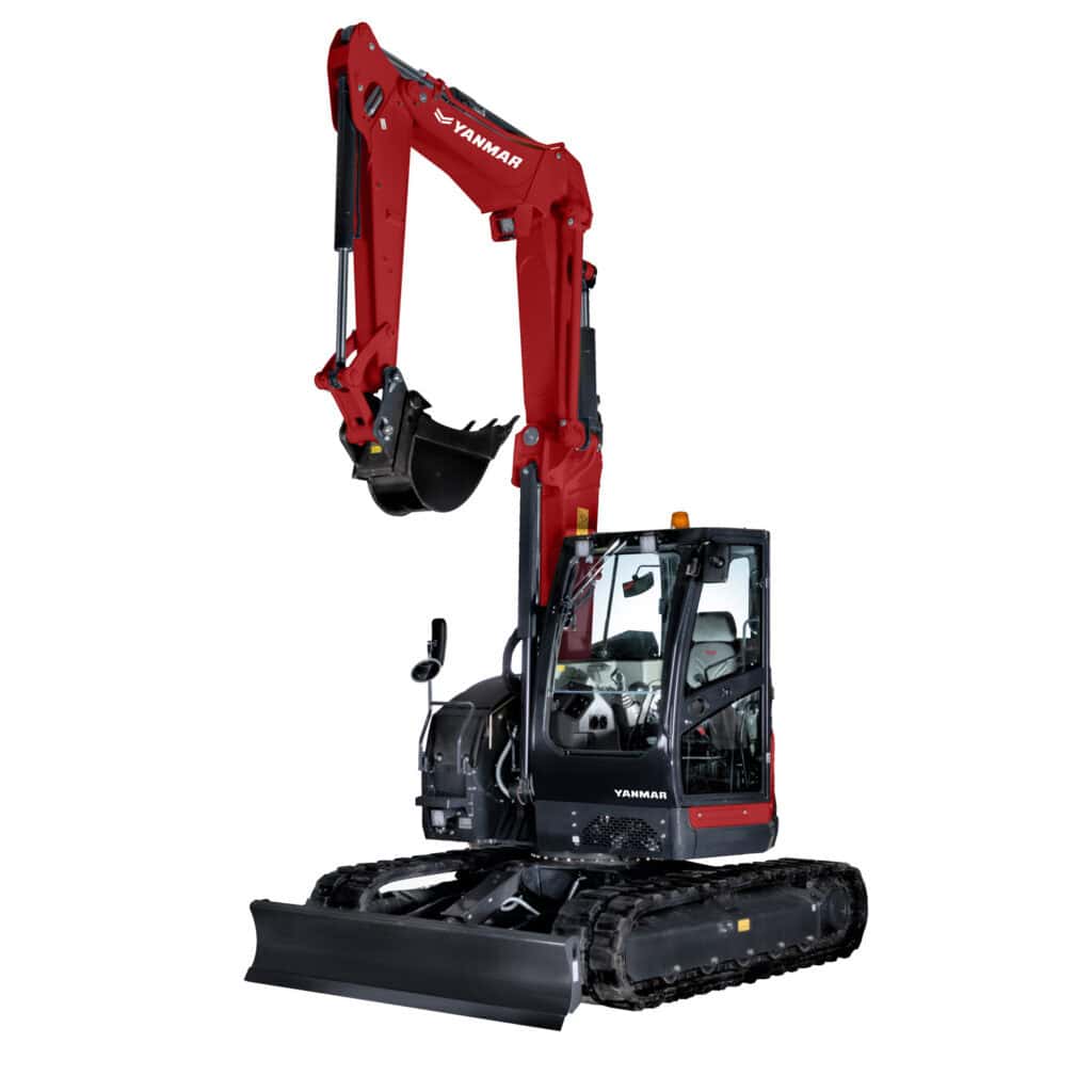 Veermaaiers met cabines en rubberen rupsen, geschikt voor bouw- en graafwerkzaamheden.