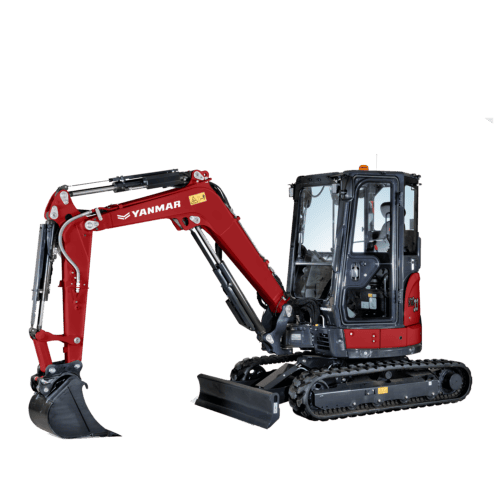 Klein groen miniatuurtractor met graafarm en rupsbanden, Yanmar merk.