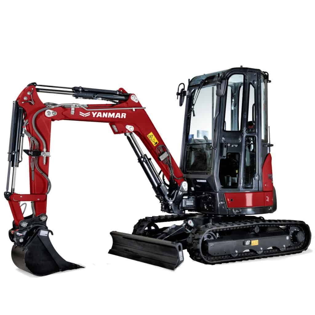 Kleinere mini-graver op wiellader van Yanmar, ideaal voor bouw- en tuinwerkzaamheden.