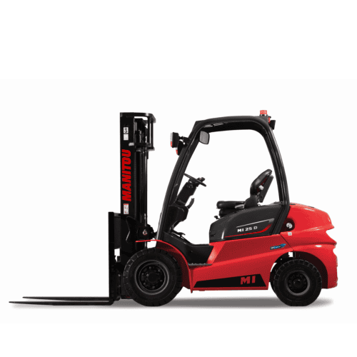 Veiligheidstruck met mast en vorken, ideaal voor logistiek en magazijnbeheer.