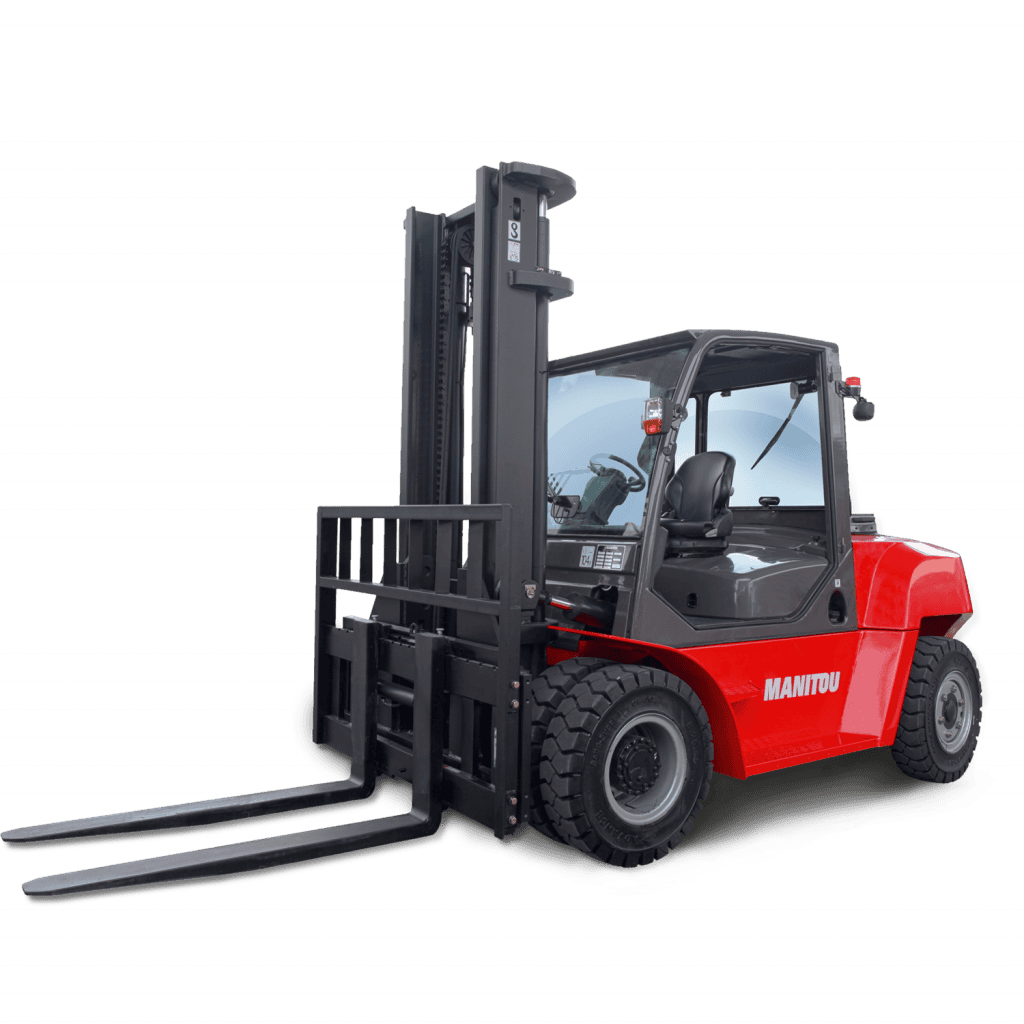 Schuifwagen met vorkheftruck, industriële magazijntractie, Manitou vorkheftruck, logistieke apparatuur.