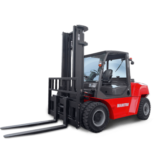 Schuifwagen met vorkheftruck, industriële magazijntractie, Manitou vorkheftruck, logistieke apparatuur.