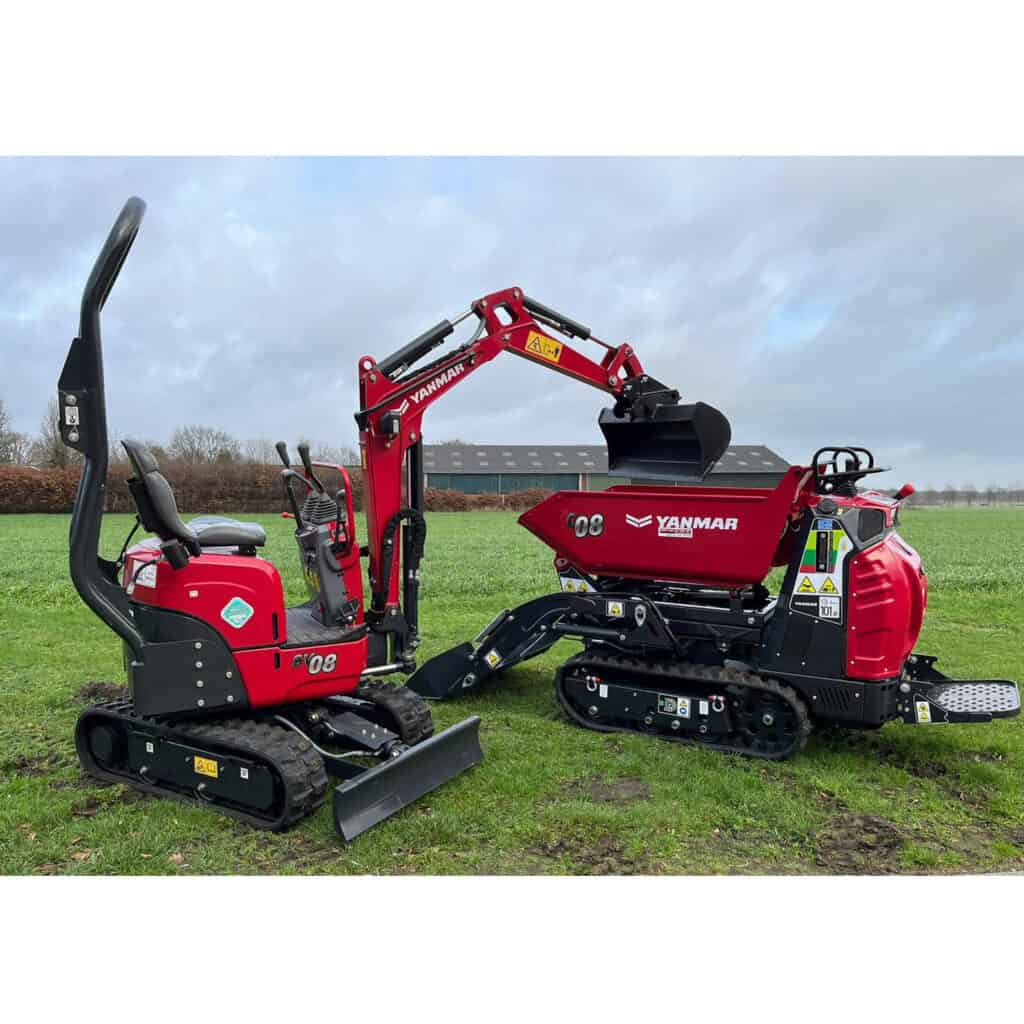 - Compacte mini skidloader en minigraver in rood met zwart accenten van Yanmar.