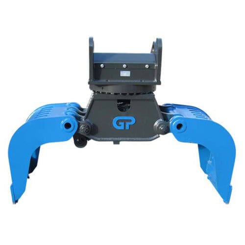 Stevige graafmachine grijper met blauwe kaken, geschikt voor bouw en techniek.