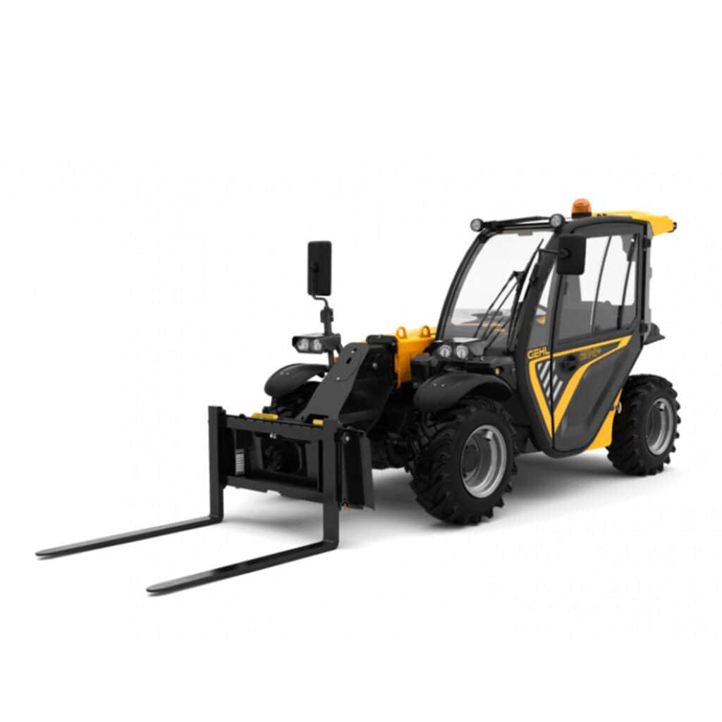 Compacte telehandler met hijsarm voor bouw- en tuinprojecten.