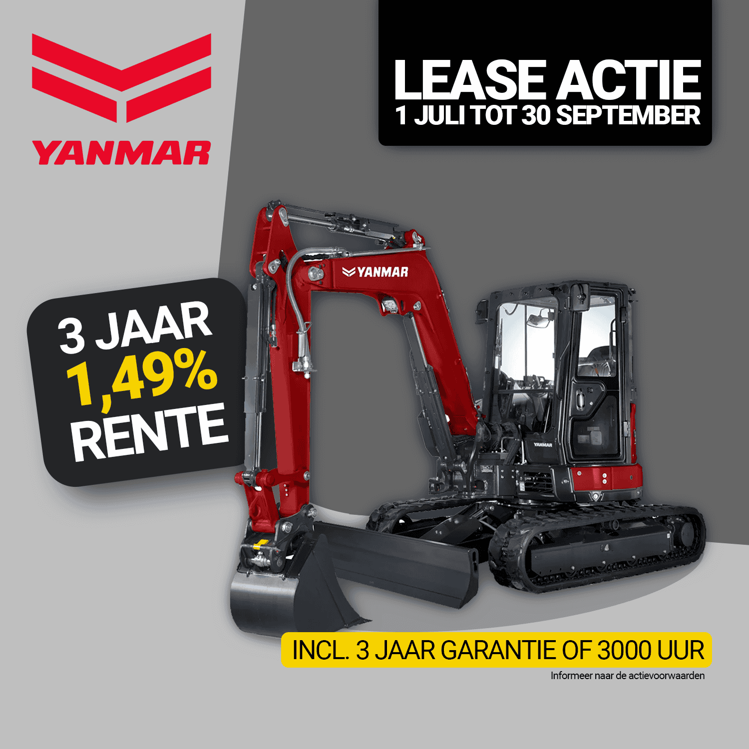 Yanmar minikraan op rode achtergrond met lease promotie en garantie afbeelding.