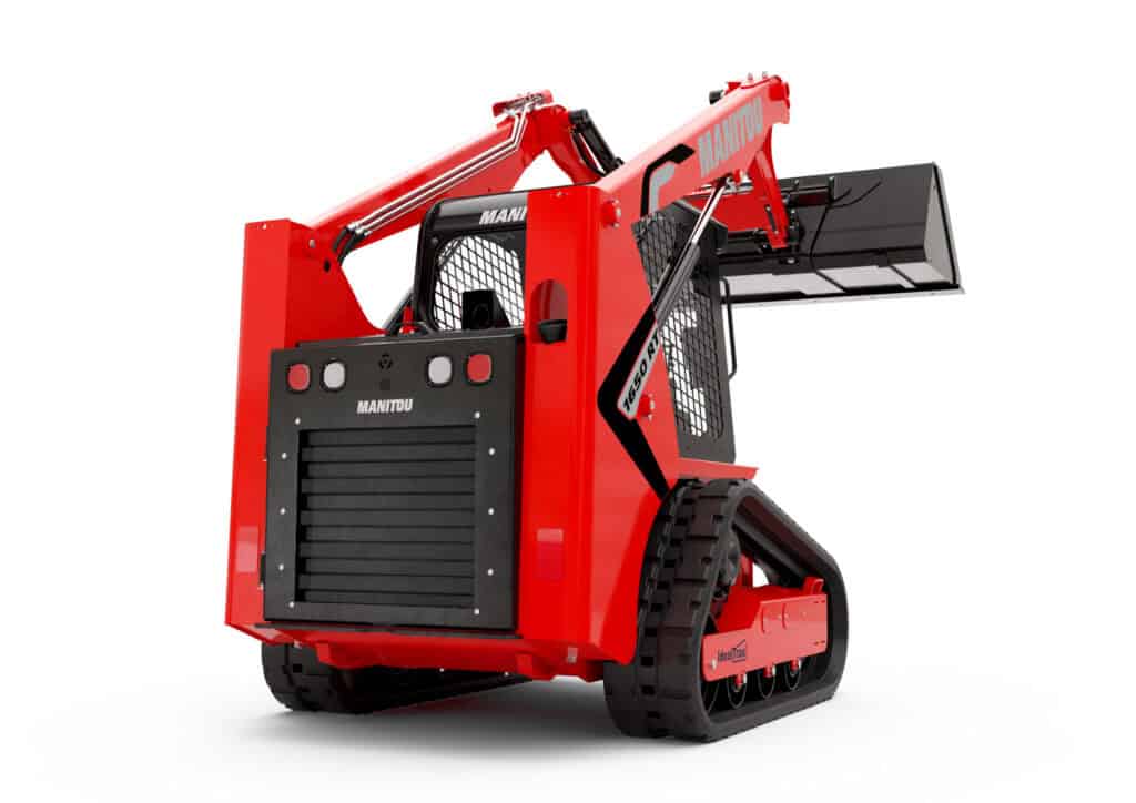 Mini skid steer met tracks, krachtige graafmachine, bouwmachines, MANITOU mini loader, off-road shuttle, zware machinale apparatuur.