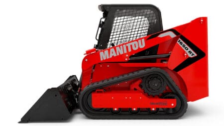 Compacte skidloader Manitou 1650 RT in rood en zwart voor professionele bouw en tuinprojecten.