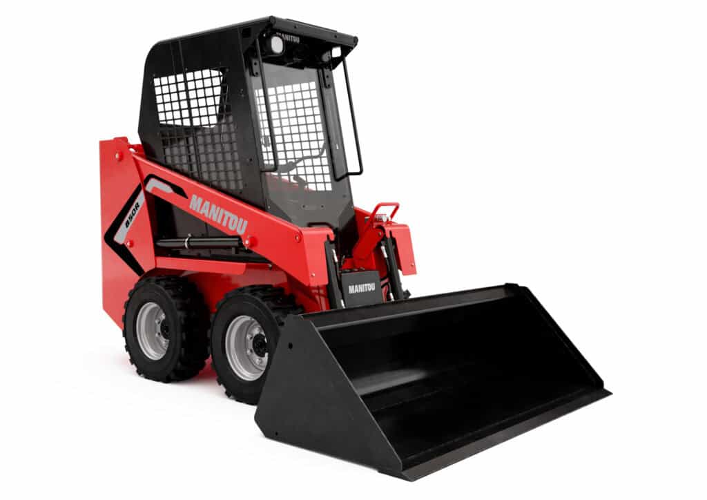 Robuuste skidsteer loader van Manitou met cabine en bak voor bouw- en tuinwerkzaamheden.