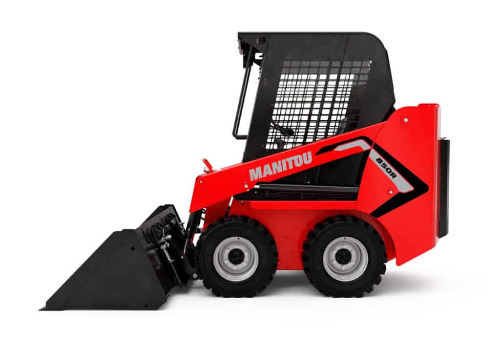 Manitou midi loader skid steer met bak en veiligheidscabine.