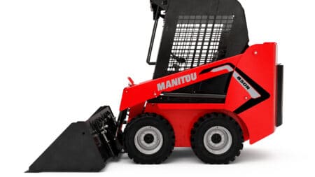Manitou midi loader skid steer met bak en veiligheidscabine.