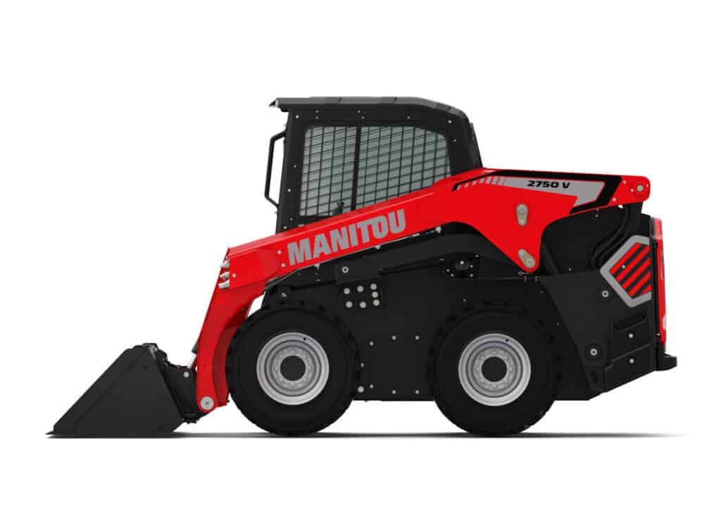 Compacte elektrische skidlaar met laadvermogen en robuuste bouw voor industriële toepassingen.