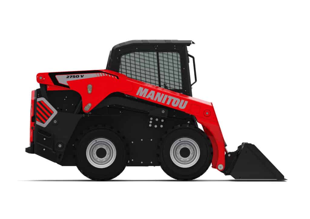 Compacte skid-steer loader met cabine en robuuste bouw, ideaal voor bouw en tuinprojecten.