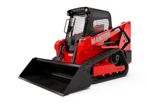 Klein puntmodel van een Manitou minitractor met rupsen en bouwschop.