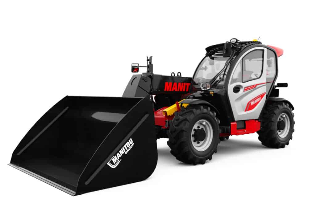Ruimteschop Manitou heftruck met frontlader en cabriolet, geschikt voor bouw en industrie.