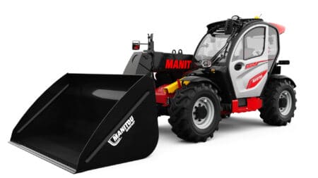 Ruimteschop Manitou heftruck met frontlader en cabriolet, geschikt voor bouw en industrie.