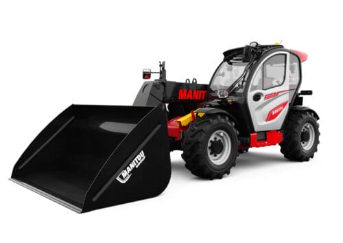 Ruimteschop Manitou heftruck met frontlader en cabriolet, geschikt voor bouw en industrie.