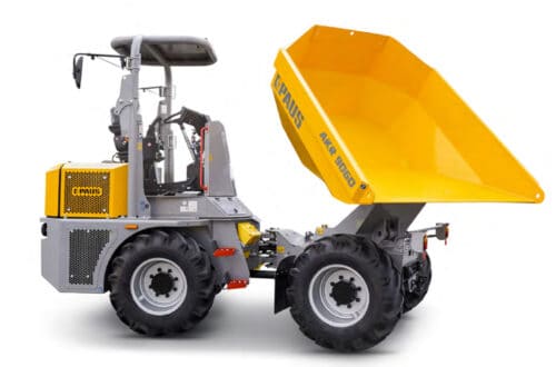 1. Geel en grijs miniere vrachtwagen met laadbak voor bouw en infrastructuur.