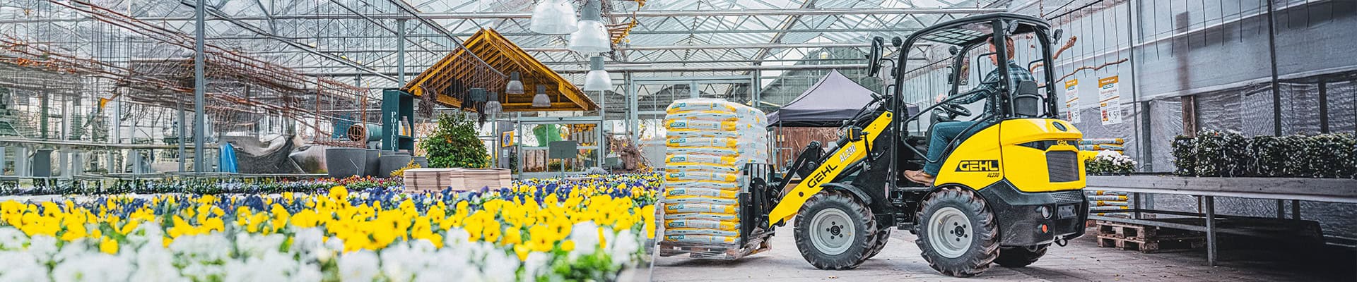 Hoogwaardige tuinbouwproducten in kas, geavanceerde tractor in kas, tuinbouwbedrijf met moderne apparatuur.