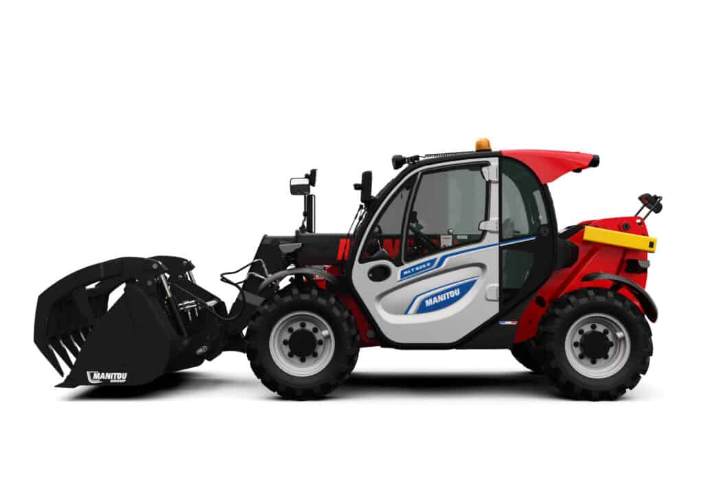 Manitou verreiker met cabine en banden, geschikt voor bouw en landbouw.