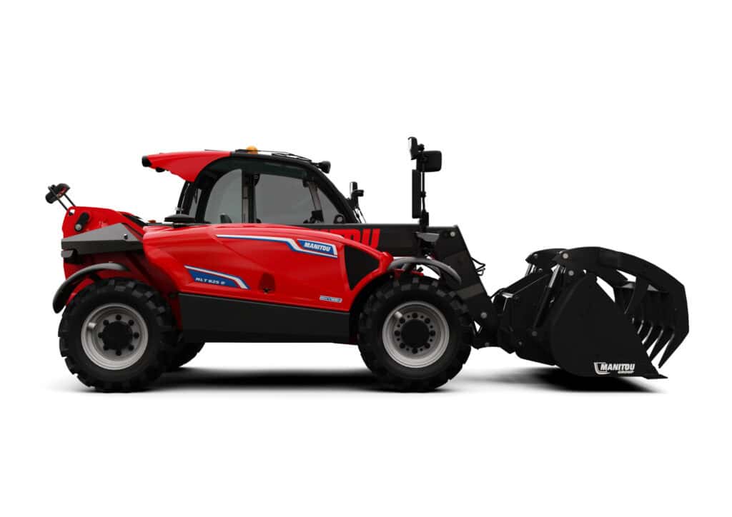 Zwarte en rode zware landbouwtractor met frontaal laadmechanisme.