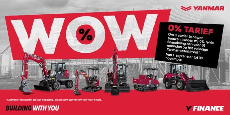 1. Yanmar bouwmachines met 0% rente, financiële regeling voor 36 maanden.