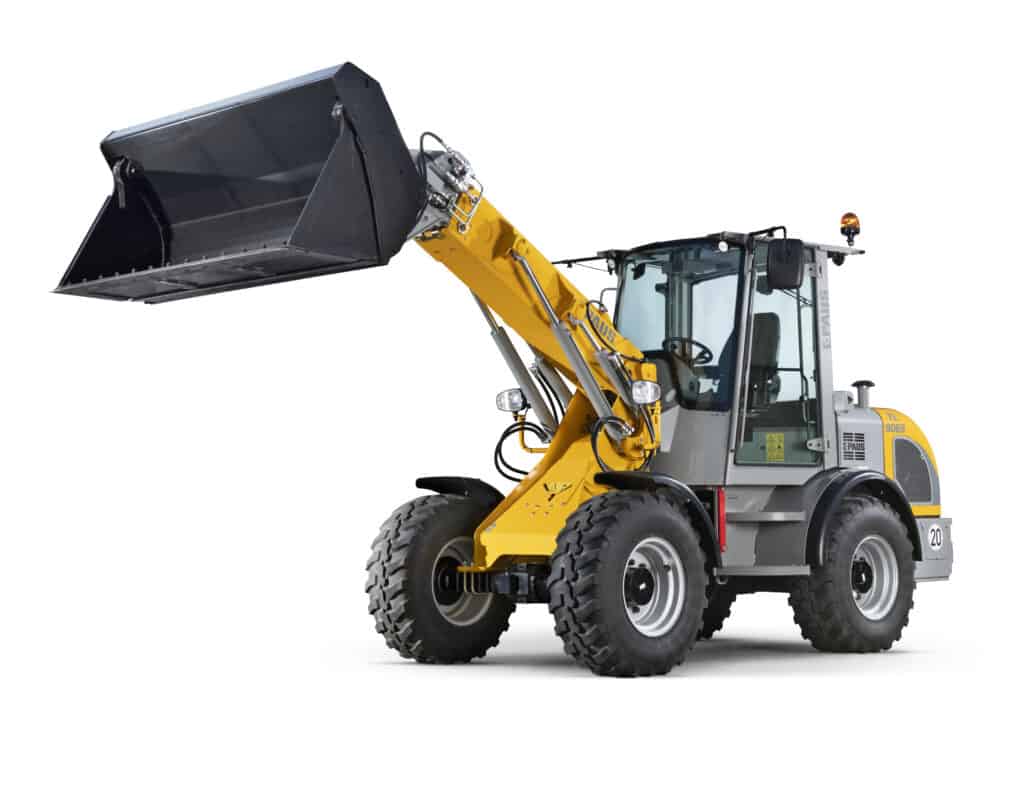 Kleine graafmachine met laadbak voor bouw- en tuinprojecten.