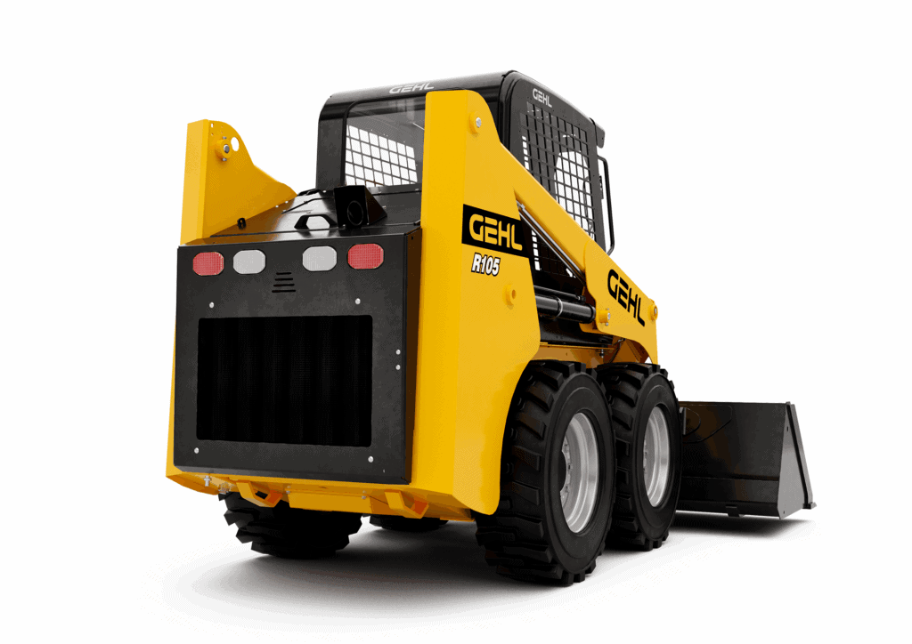 Robuuste Gehl R105 skidrinkhouder in geel en zwart, perfect voor bouw en hijswerken.