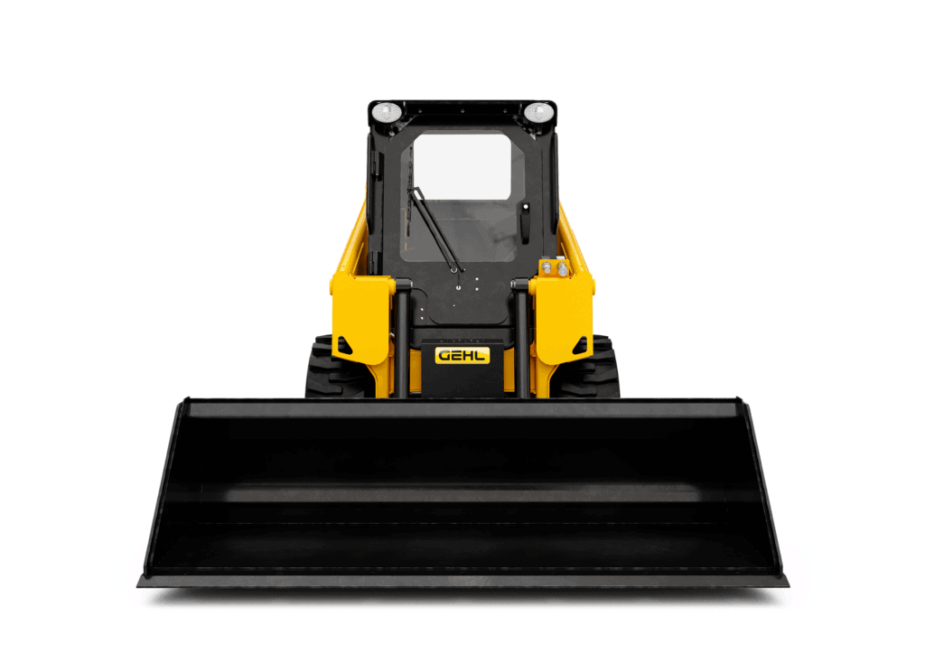 Kleinere zelfladende shovel in geel en zwart voor zware werkzaamheden.