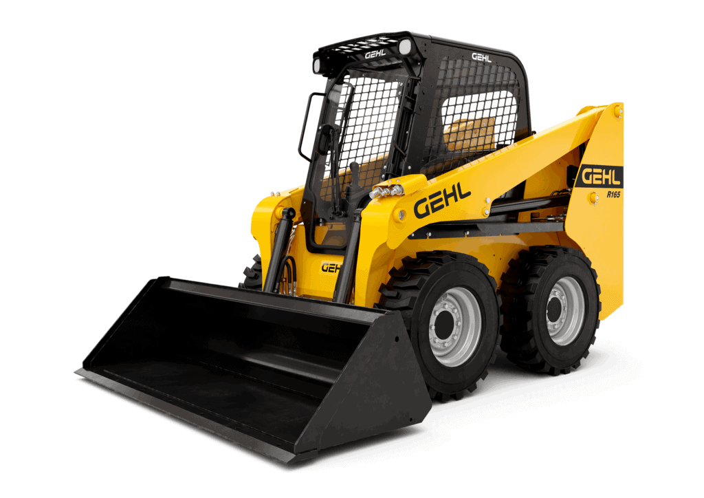 Veiligheidsbesturing en compacte skid steer loader van Gehl voor bouw en tuinwerk.