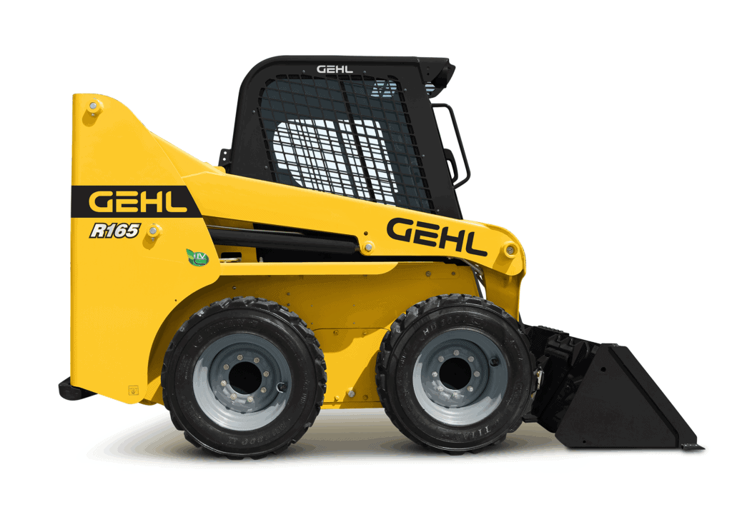 Klein mini shovel van Gehl met zwarte cabine en gele body, geschikt voor bouw- en tuinwerkzaamheden.