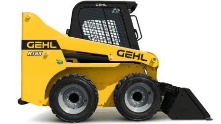 Klein mini shovel van Gehl met zwarte cabine en gele body, geschikt voor bouw- en tuinwerkzaamheden.