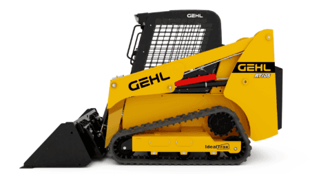 Kleine skidloader van GEHL met rubberen rupsen en werkbak, geschikt voor zware werkzaamheden.