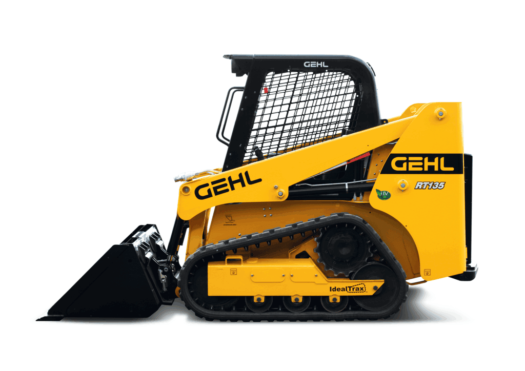 Compacte geleide minikraan van Gehl met rubberen rupsen voor diverse bouwtoepassingen.