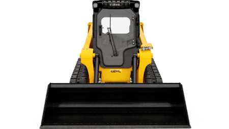 Zwarte en gele mini-loaderschop met cabine, geschikt voor bouw en tuinwerkzaamheden.