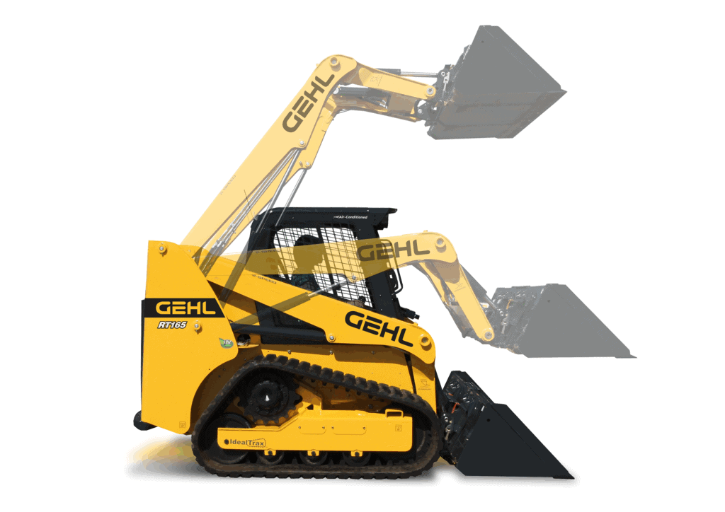 Klein bouwmachine met rubberen rupsen en uitschuifbare arm voor zwaar werk.