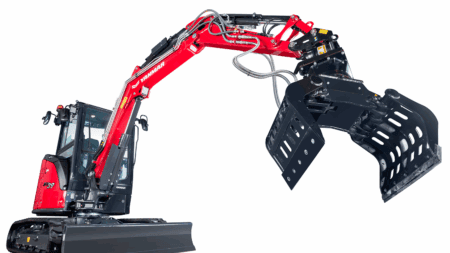 Compacte mini-arm met graafmachine voor landbouw en bouw, geschikt voor diverse taken.