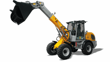 Kleine graafmachine met uittrekbare arm en bak, geschikt voor bouw- en grondwerken.