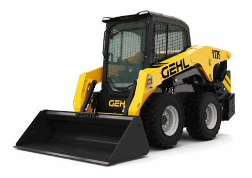 Compacte Gehl skid steer loader met cabine voor bouw en tuinonderhoud.