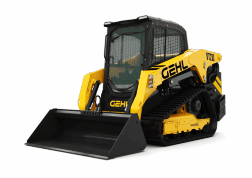 Compacte Gehl skidloader met cabine en multifunctionele inzetbaarheid voor bouw en tuinprojecten.