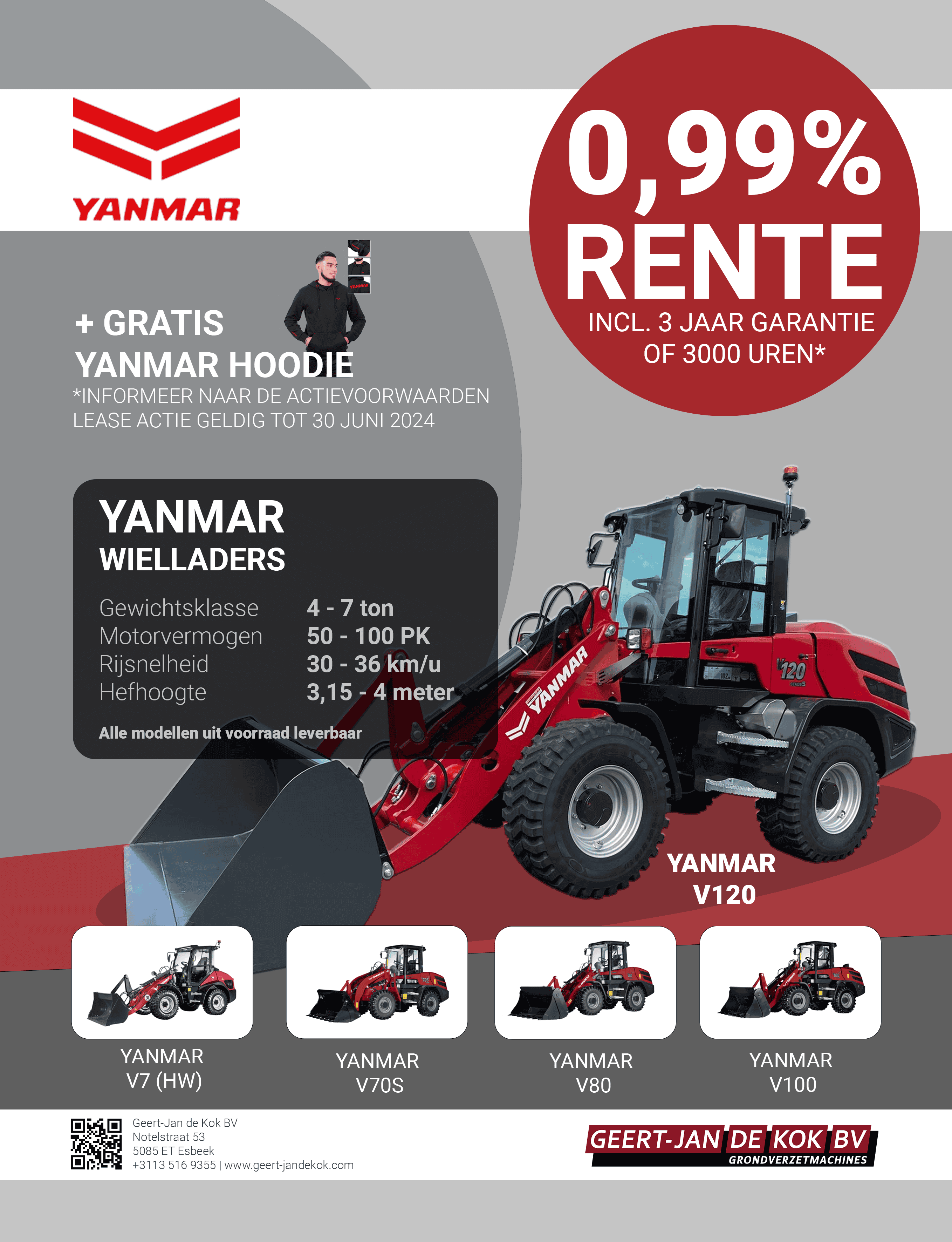 Vrachtwagen Yanmar wiellader met rode cabine en grote banden, ideaal voor bouw en landbouw.