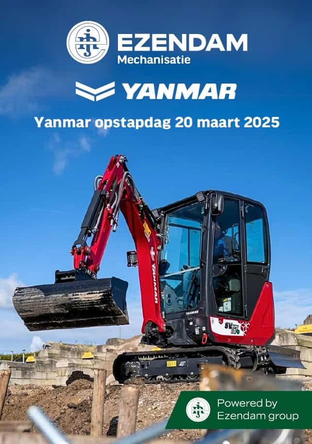 Uitgebouwde compacte graafmachine op bouwplaats, expertise in mechanisatie en renovatie.