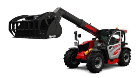 Zware bouwmachine met losse grijper en cabine, geschikt voor landbouw en constructie.