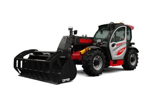 Robuuste Manitou heftruck met cabine en voorlader, geschikt voor agrarisch gebruik.