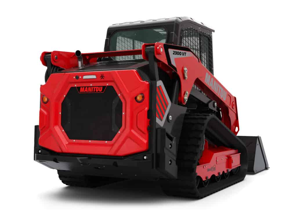 Robuuste skidtractor van MANITOU met track banden en krachtige motor.