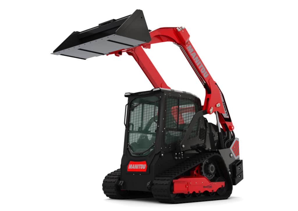 - Compacte skidloader met graafarm en graafbak voor bouw en grondbewerking.