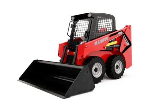 Mini skidloader met laadbak voor tuin- en bouwprojecten.